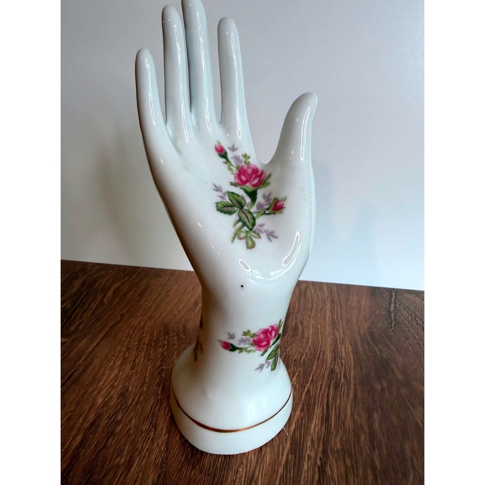 Vintage Porcelain Floral Hand Ring Holder Jewelry Display Rose Gold Trim